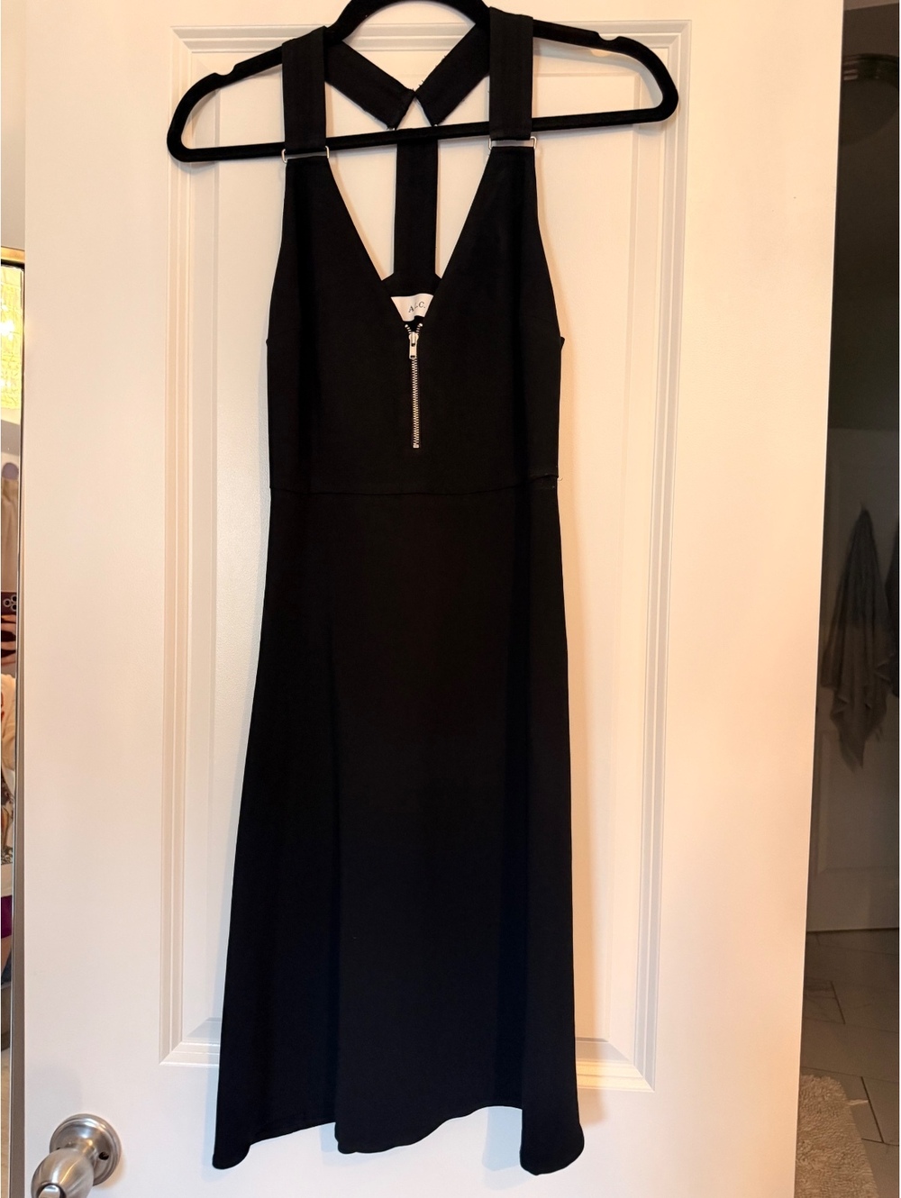 A.L.C. Black Midi Dress with Unique Strap Design and Front Zipper